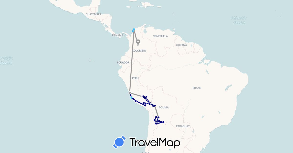TravelMap itinerary: driving, plane, train, boat in Bolivia, Colombia, Peru (South America)